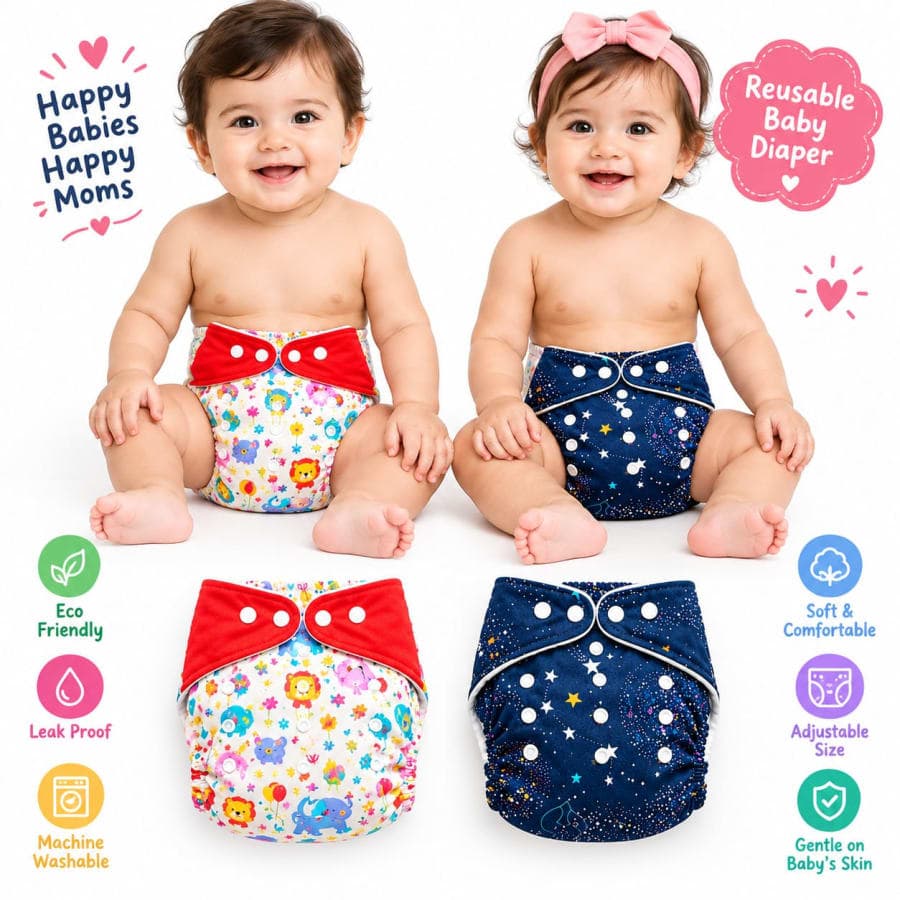 Reusable Cloth Diapers with pad Pack of 2 | Adjustable & Washable | 3M–3Y - Navy Blue & Red - view 1